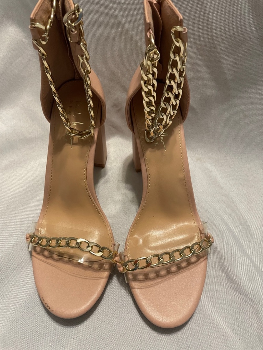 Nicole Miller Pink Block Heel Sandals with Gold Chain